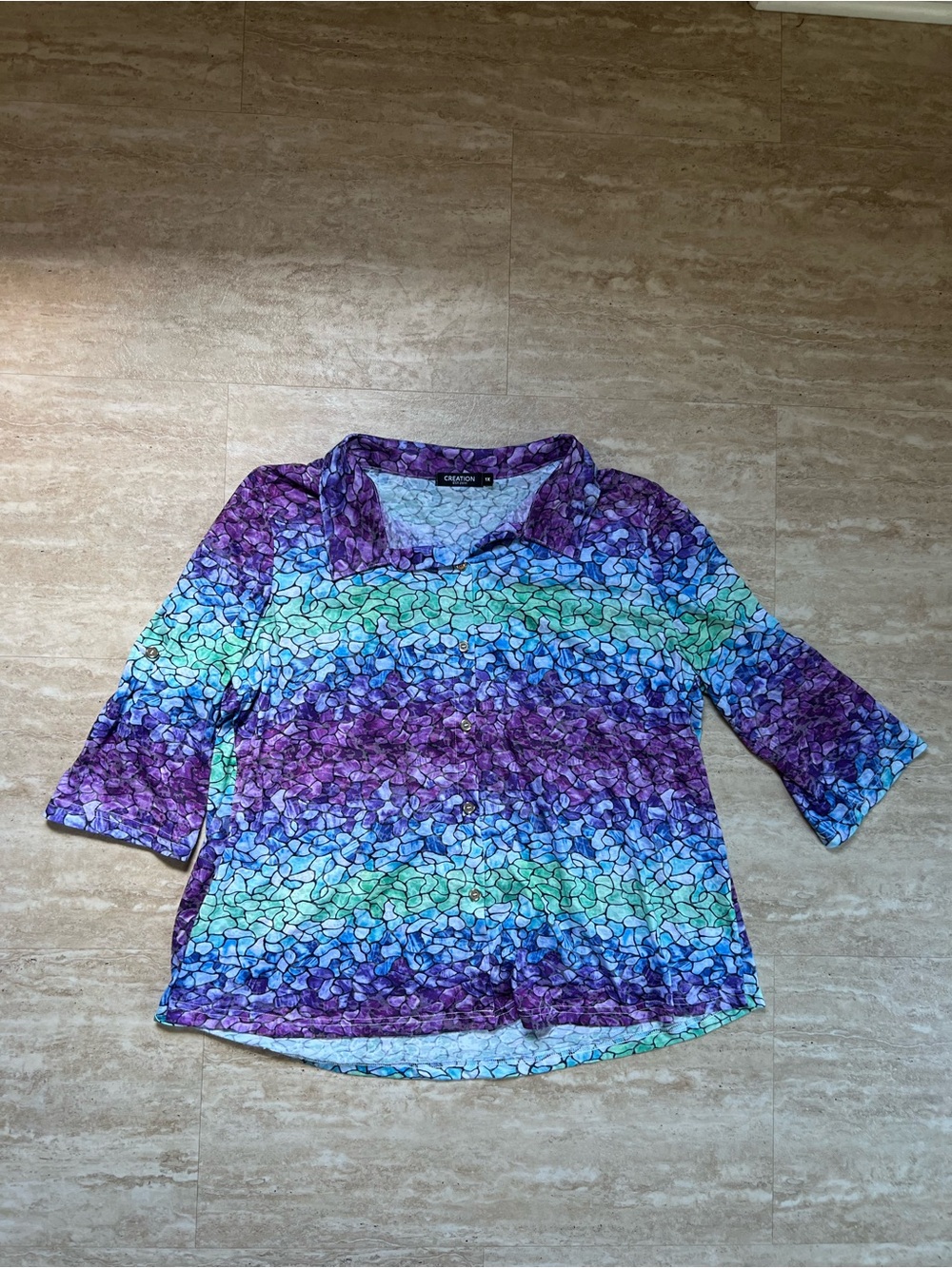 Creation Vibrant Abstract Pebble Teal Purple Collared Blouse roll-tab sleeve 1X